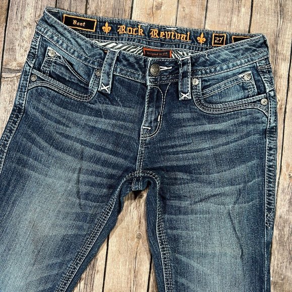 Rock Revival Ele Bootcut Stretch Jeans 27x34 Mens Blue Denim Thick Stitch Flap - Picture 3 of 13